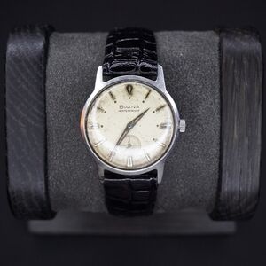 Bulova Silver Dial Watch with Black Leather Strap